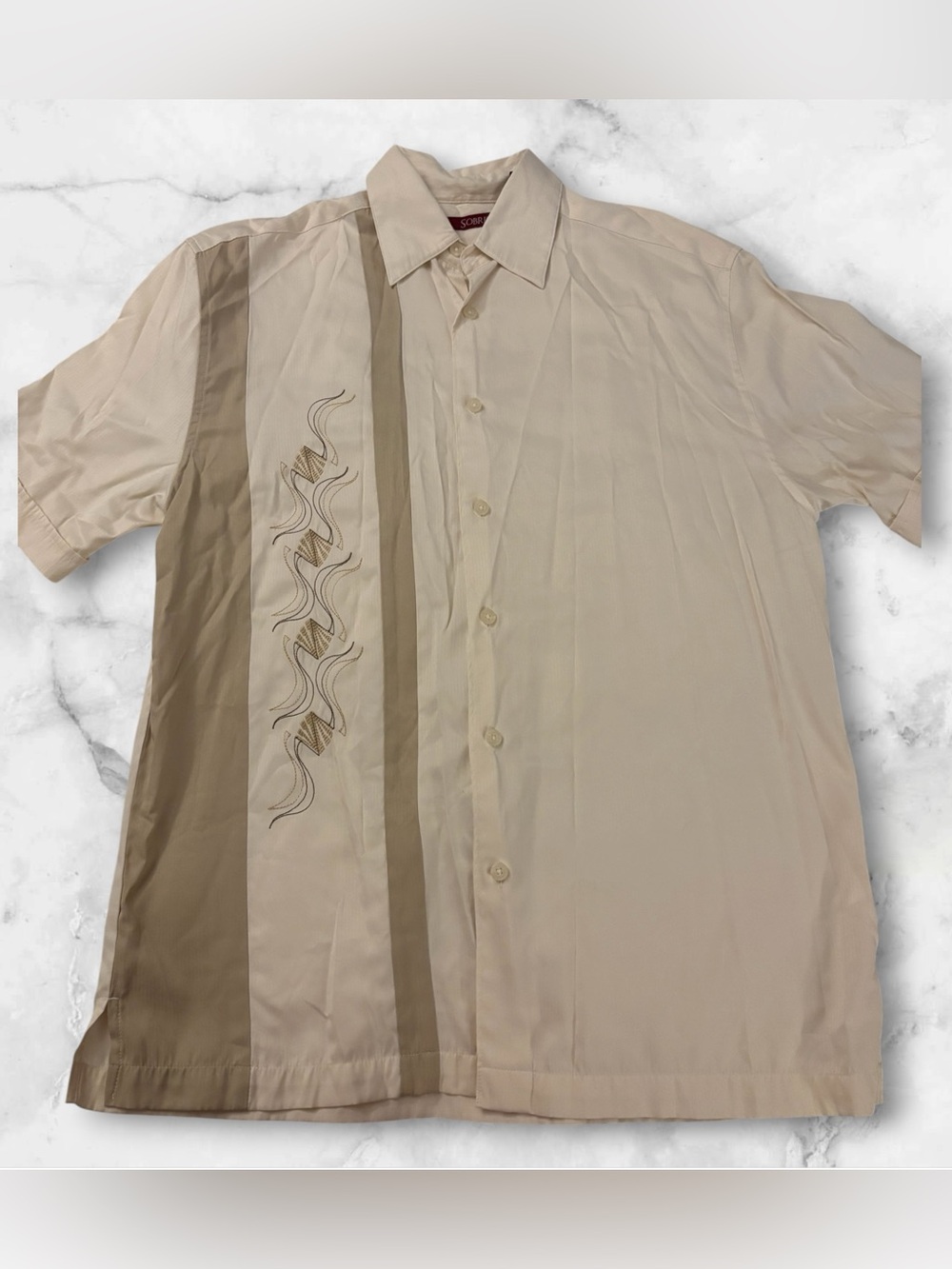 Men's Short-Sleeve Button-Up Shirt - Cream with Taupe Stripe